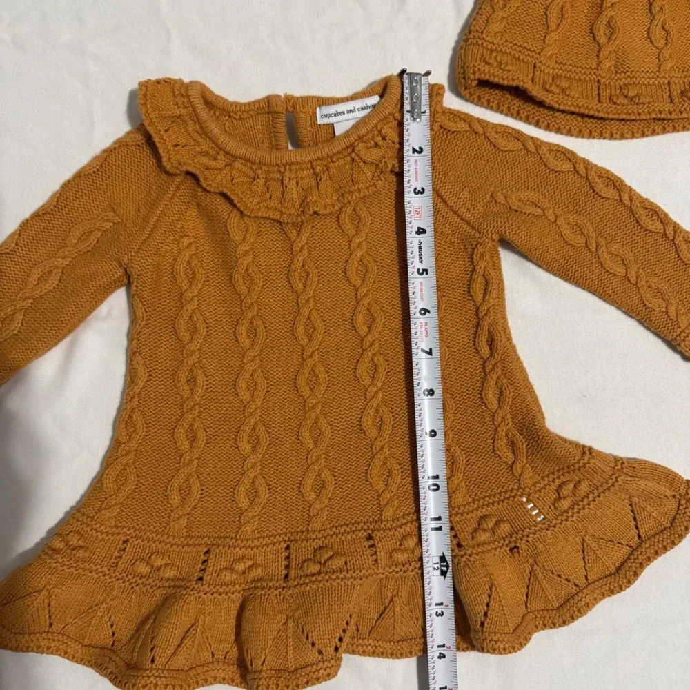 3-6M Cupcakes and Cashmere Baby Girl Mustard Cable Knit Sweater Dress‎ Hat Set